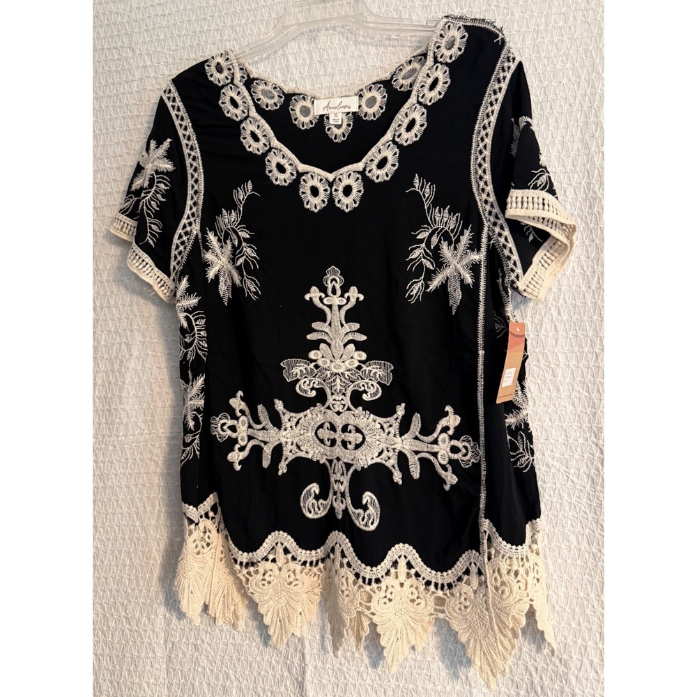 Anneliese Embroidered Boho Top Womens XL Black Ivy NWT Scallop Lace Hem